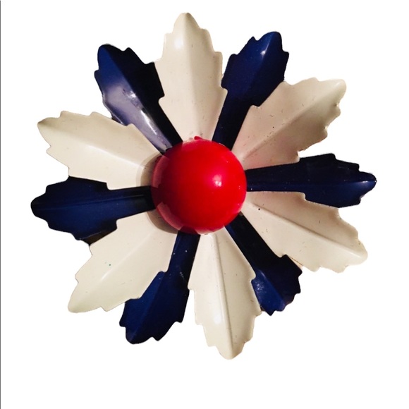 Vintage Jewelry - Vintage 1960s Metal flower Brooch enamel Red White Blue